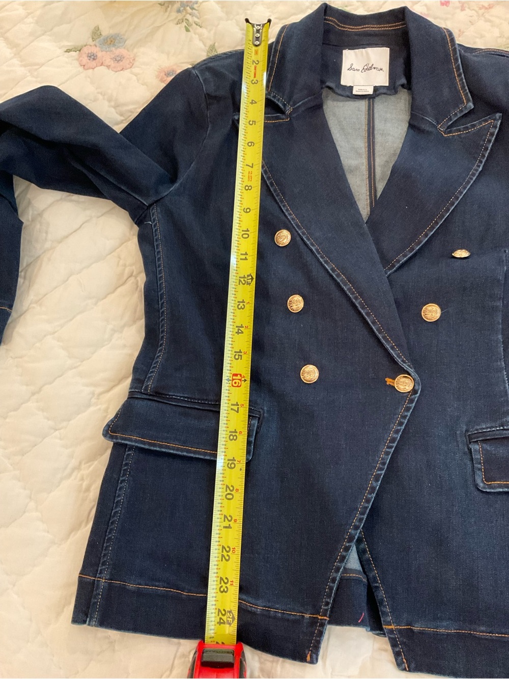 Sam Edelman Imogen Double-Breasted Dark Denim Blazer with Gold Buttons - Picture 9 of 10